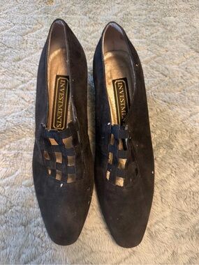 Vintage Investments Black Suede Lattice Cage Pump Heels Loafers Women’s Size 7M